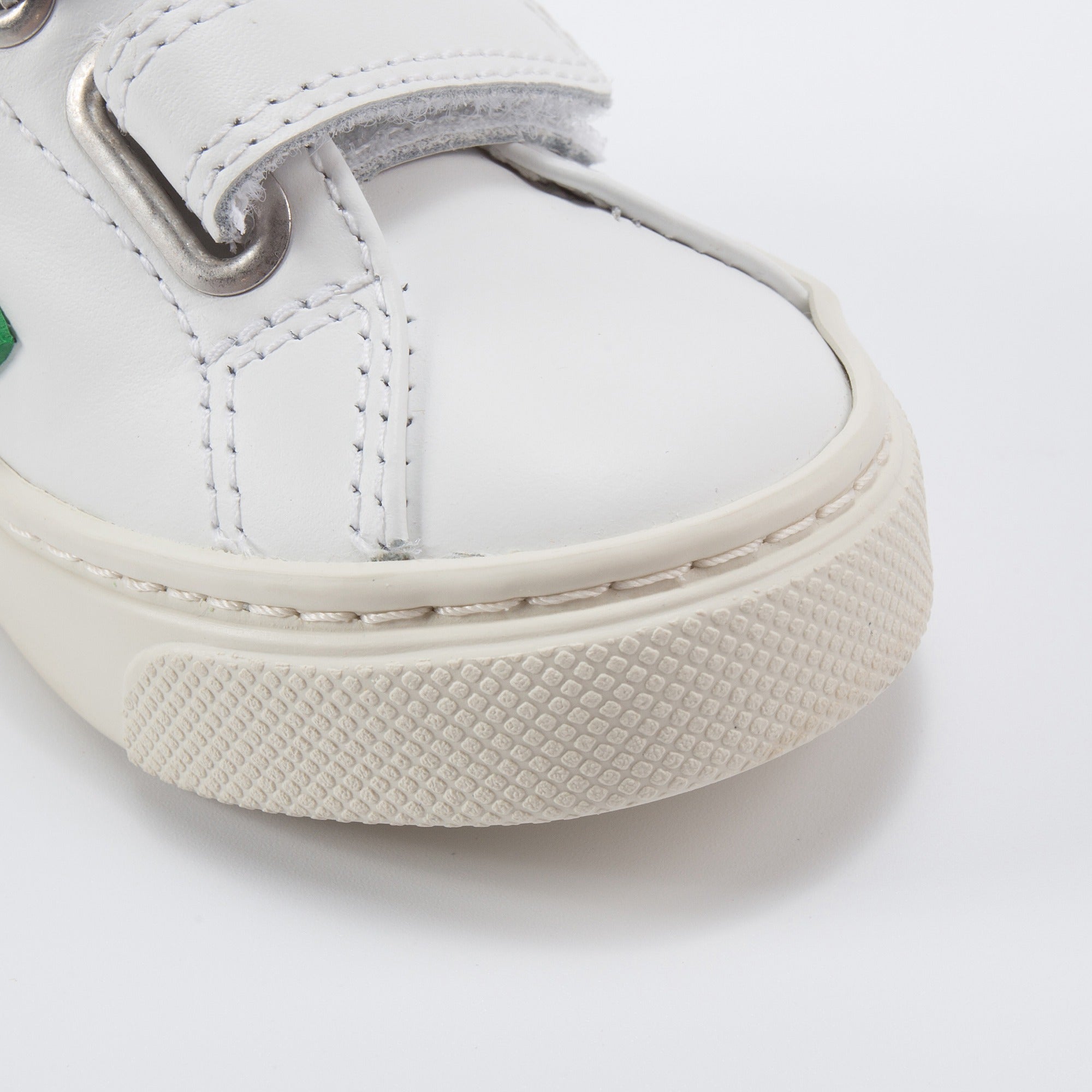 Girls & Boys White Leather Velcro With Green "V" Shoes