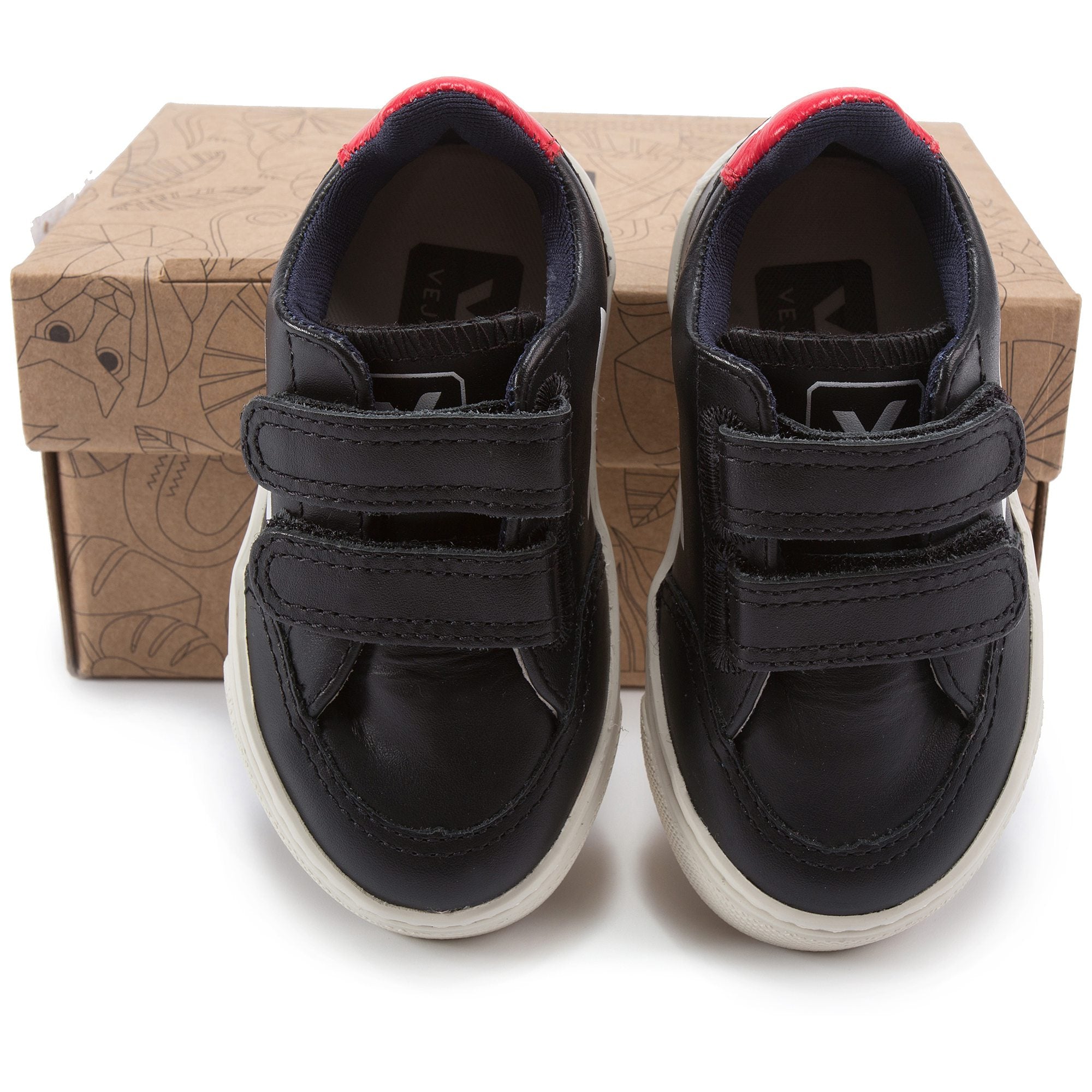 Baby Black Leather Velcro With White "V" Shoes