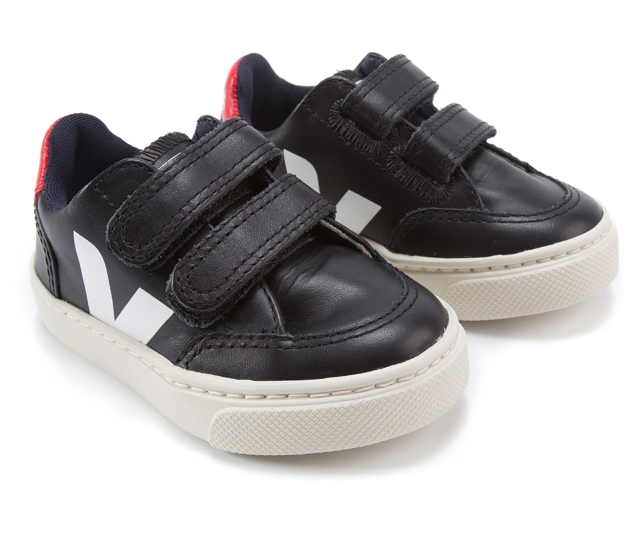 Boys Black Leather Velcro With White "V" Shoes