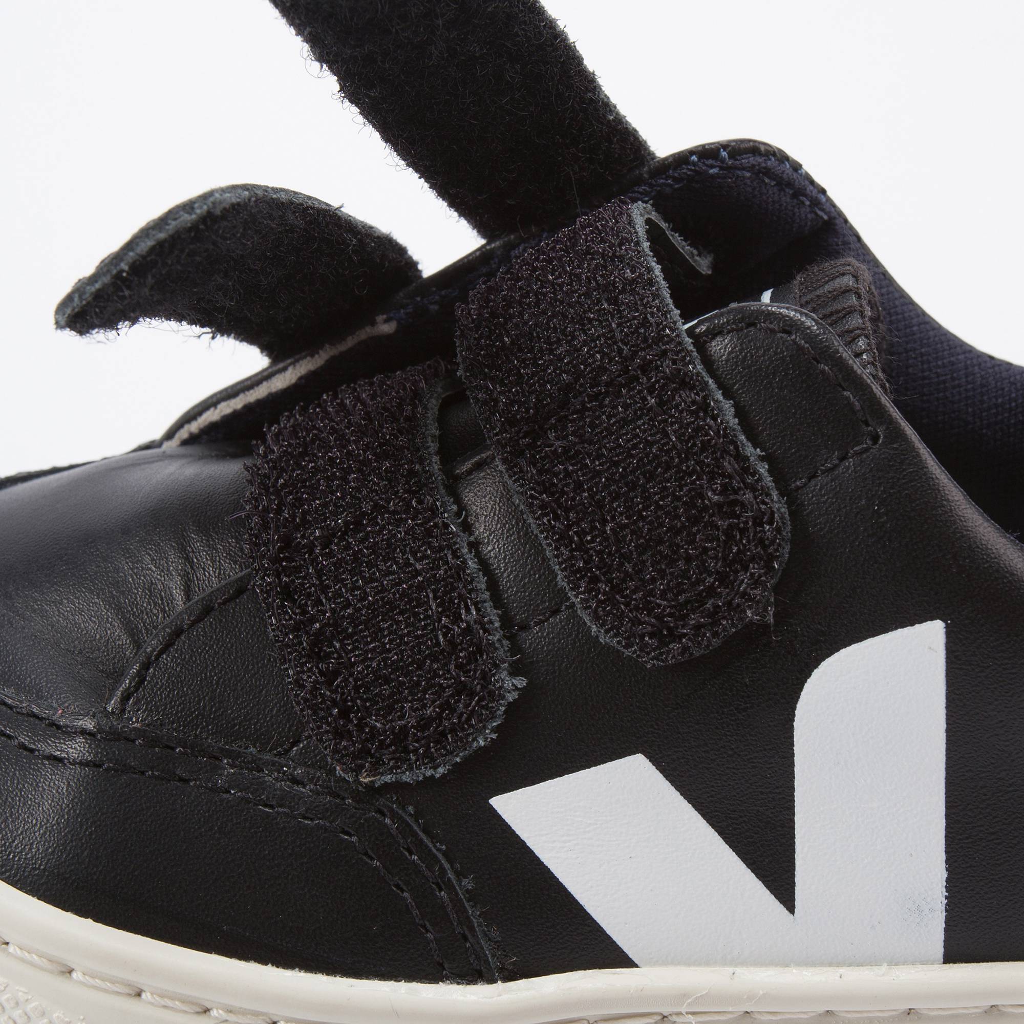 Baby Black Leather Velcro With White "V" Shoes