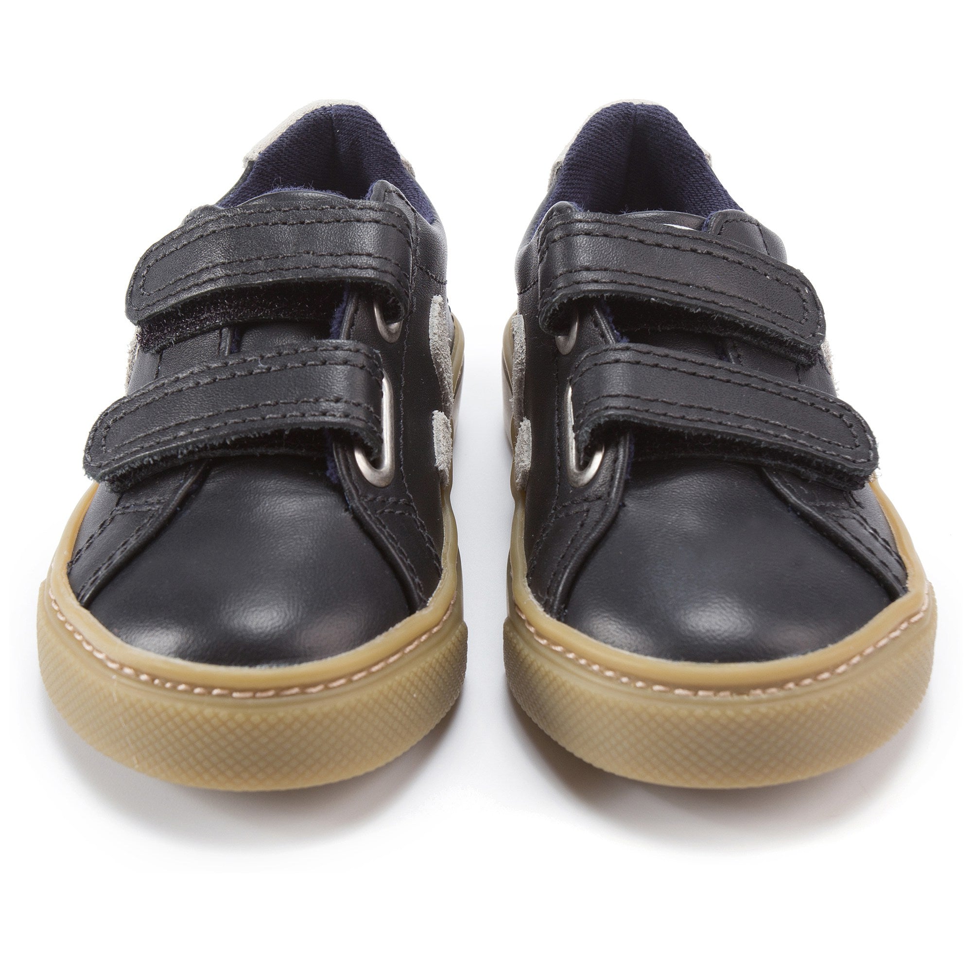 Boys Black Leather Velcro With White "V" Shoes