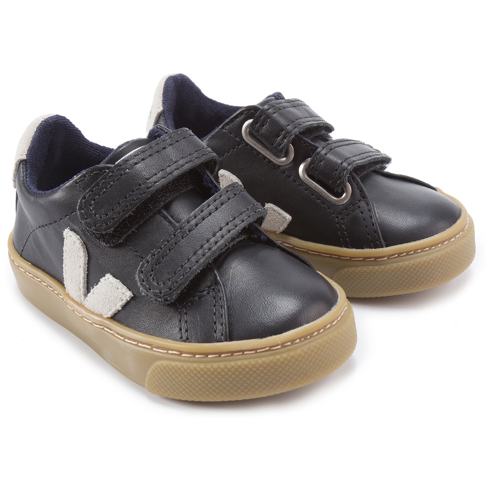 Boys Black Leather Velcro With White "V" Shoes