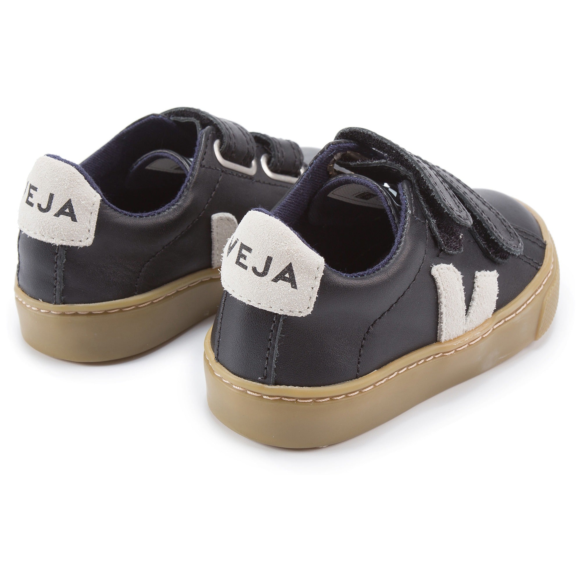 Baby Black Leather Velcro With White "V" Shoes