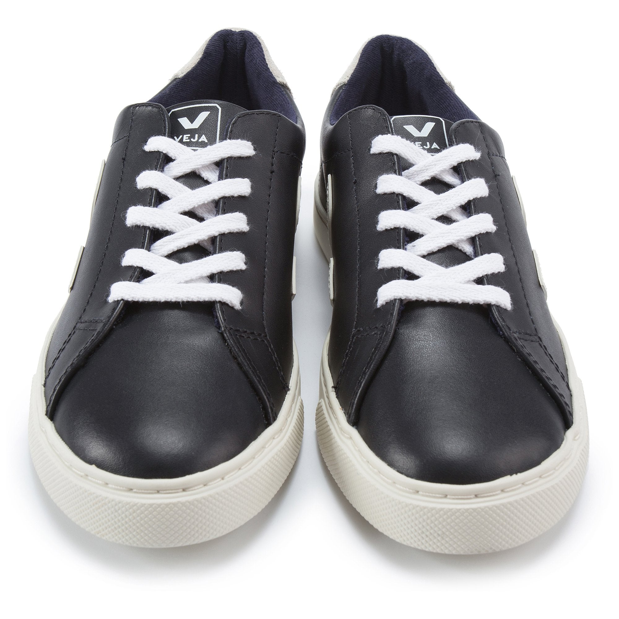 Girls & Boys Black Leather Velcro With White "V" Shoes