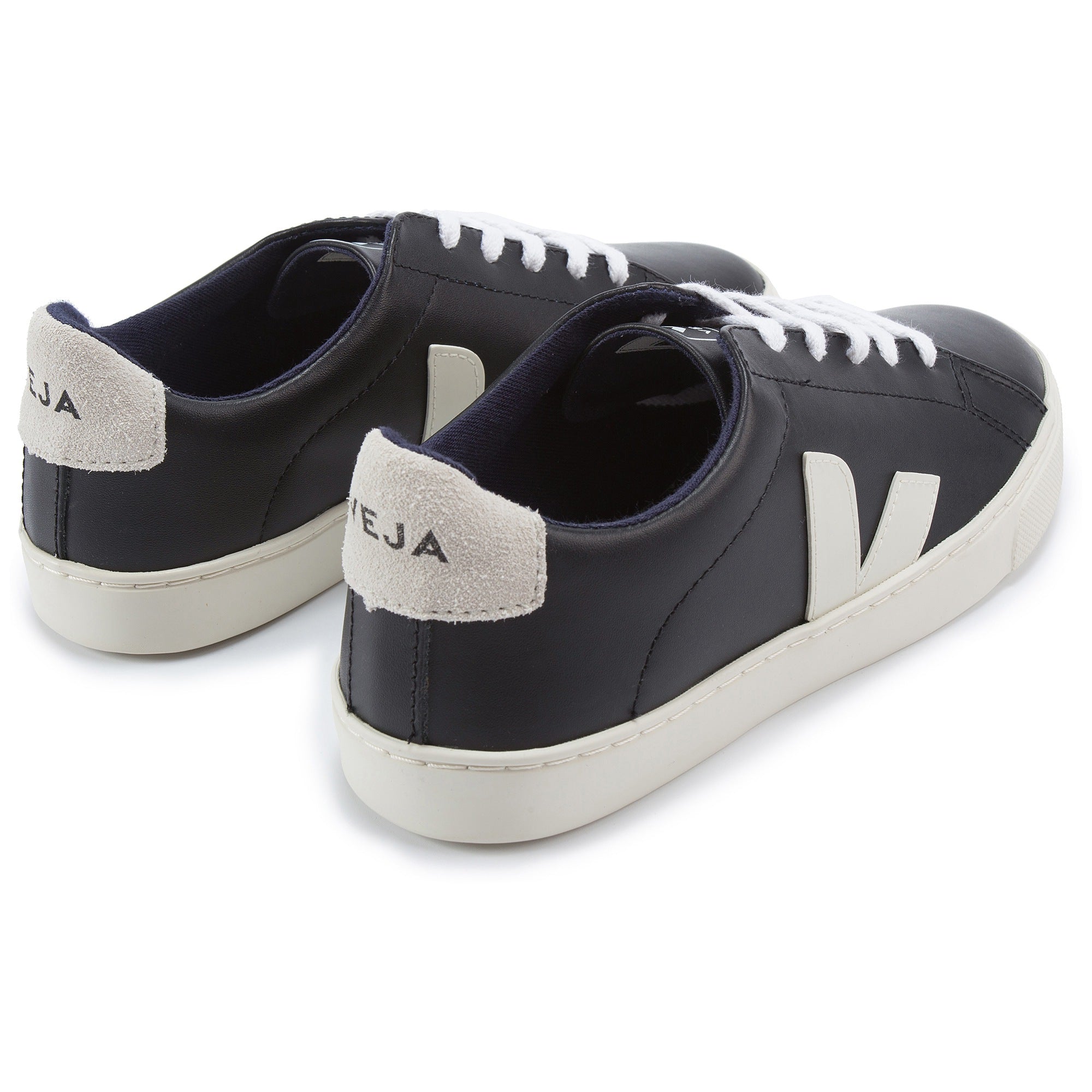 Girls & Boys Black Leather Velcro With White "V" Shoes