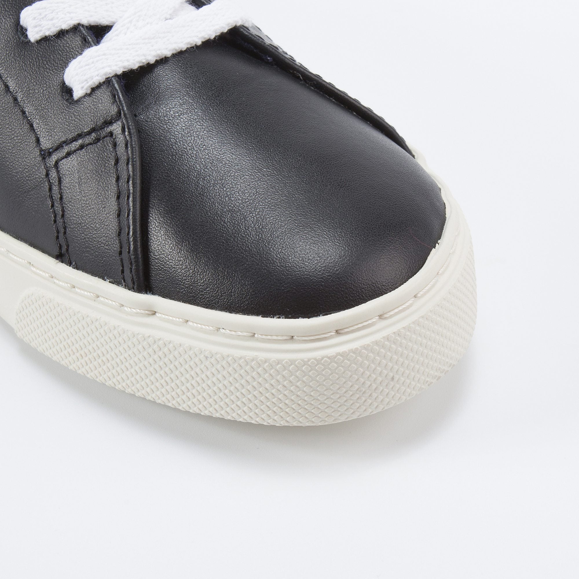 Girls & Boys Black Leather Velcro With White "V" Shoes