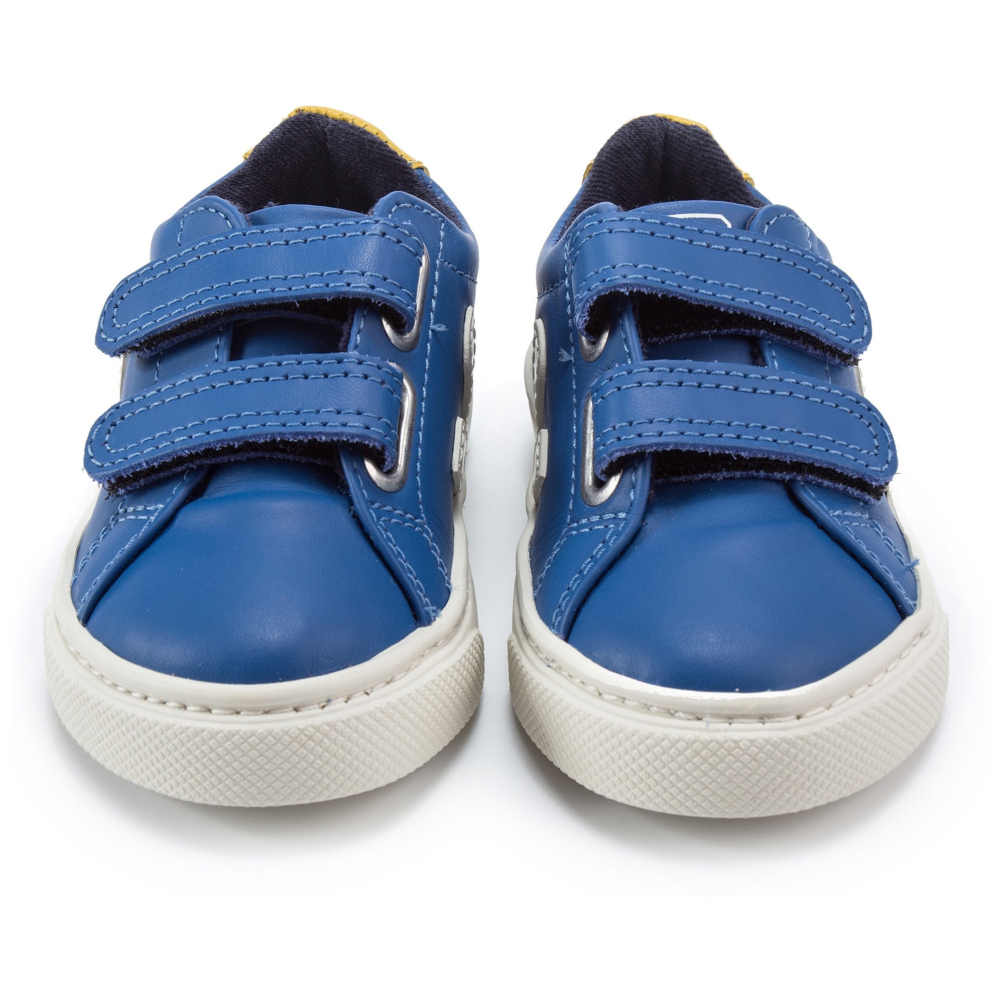 Boys Blue Leather Velcro Whit White "V" Shoes