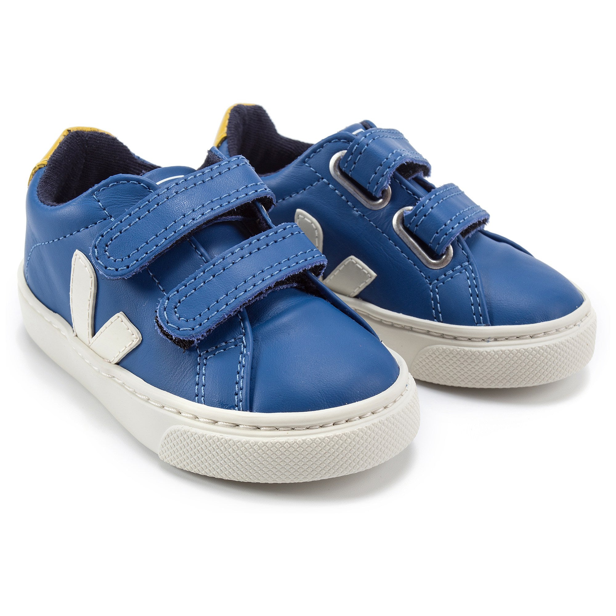 Boys Blue Leather Velcro Whit White "V" Shoes