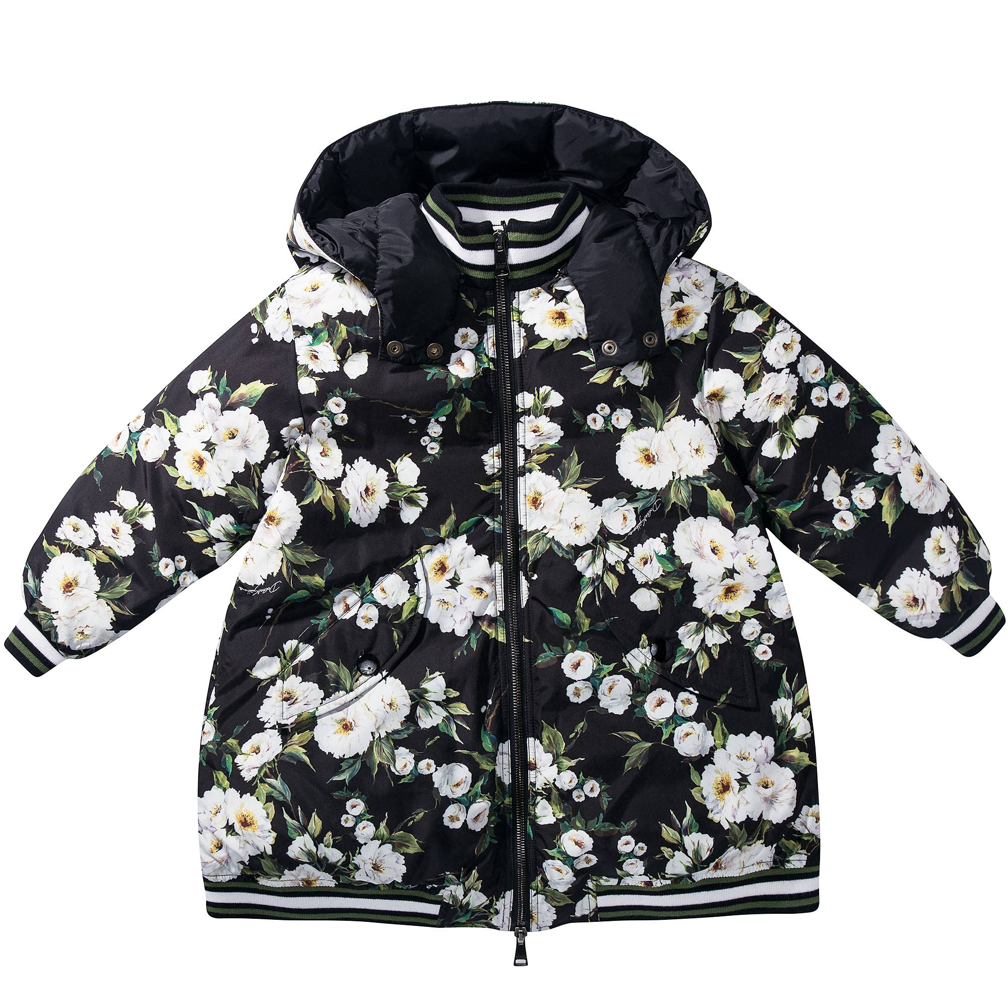Girls Black  Rose Print Down Filled Coat