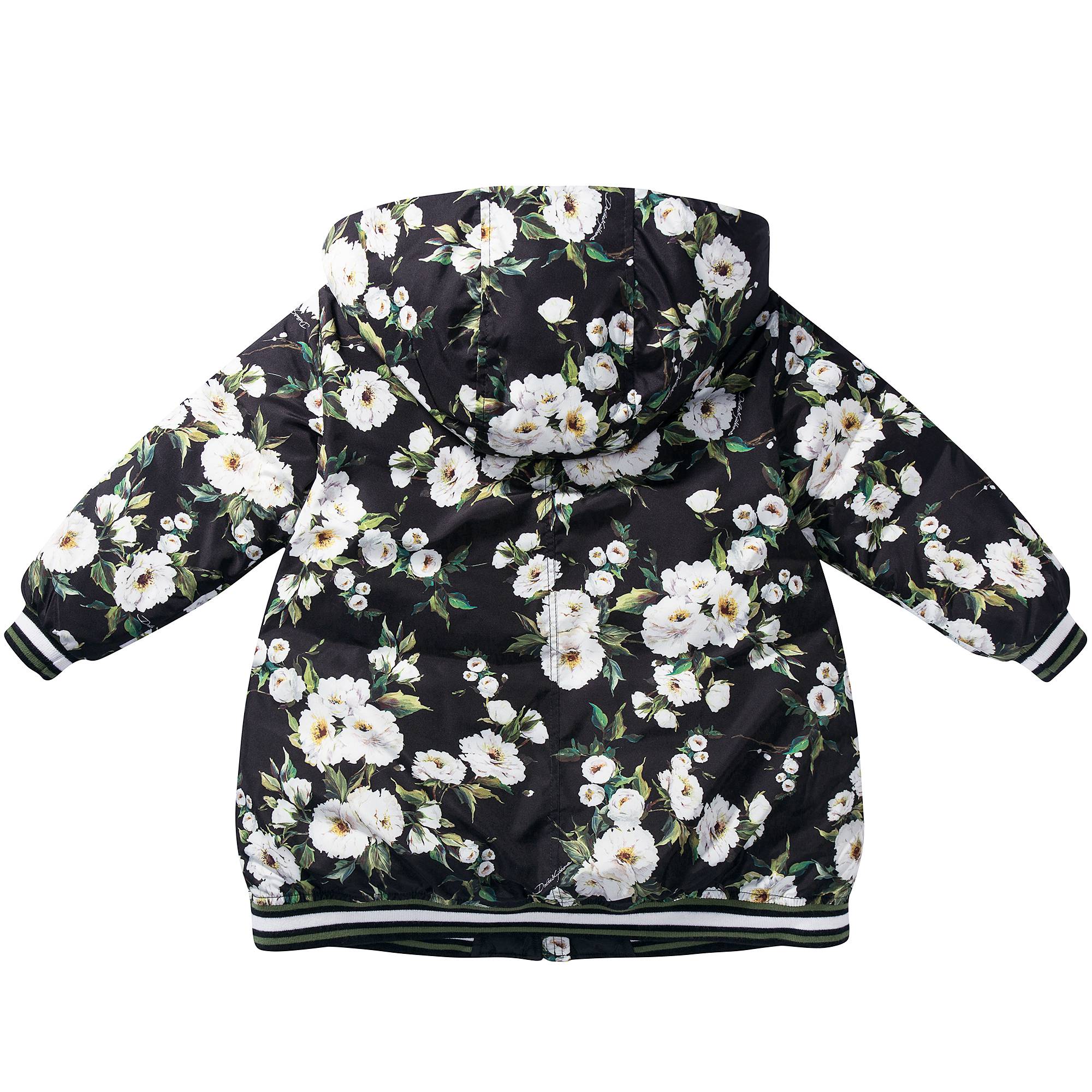 Girls Black  Rose Print Down Filled Coat