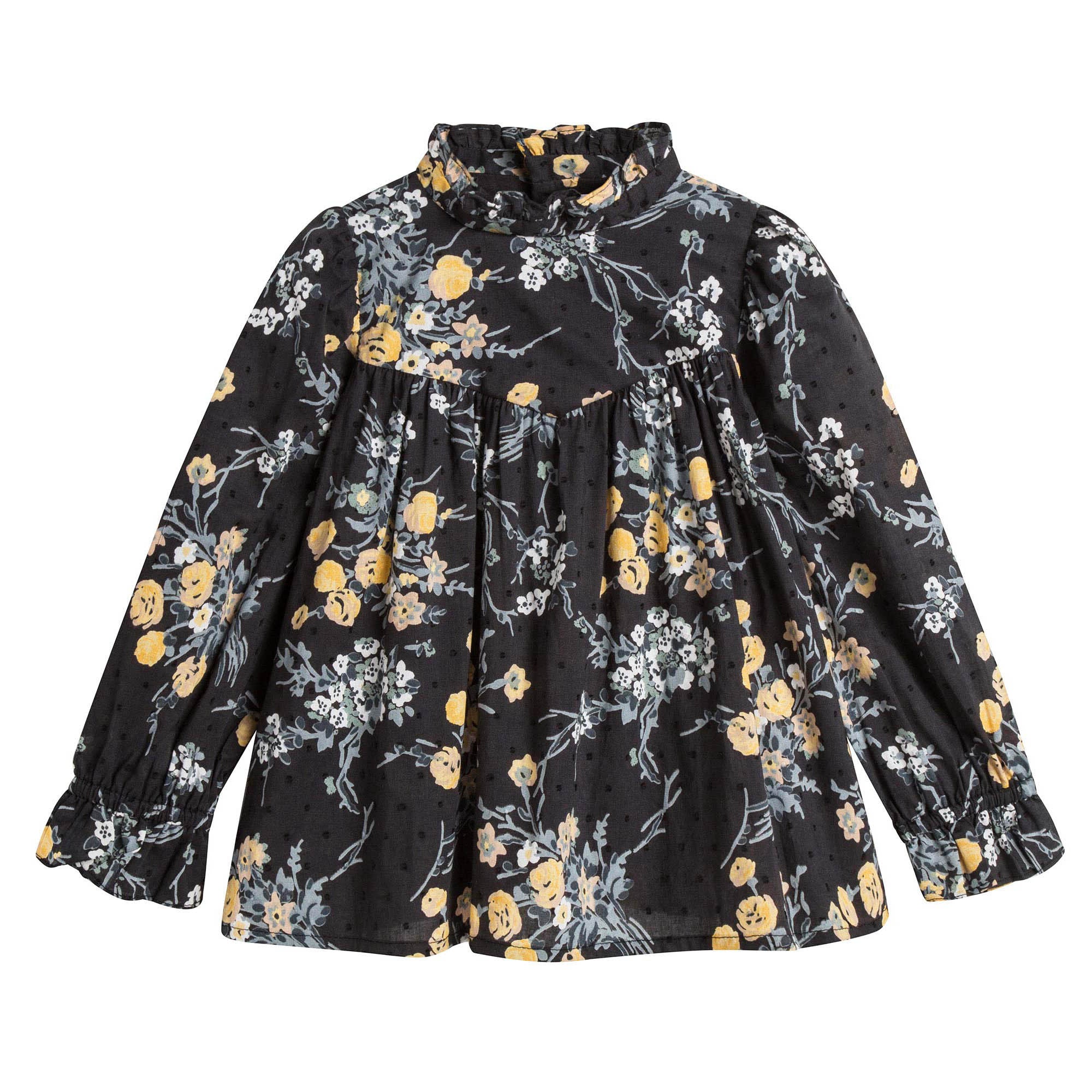 Girls Black Cotton Blouse With Gold Flower Print Trims - CÉMAROSE | Children's Fashion Store - 1