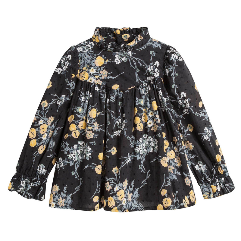 Girls Black Cotton Blouse With Gold Flower Print Trims - CÉMAROSE | Children's Fashion Store - 1