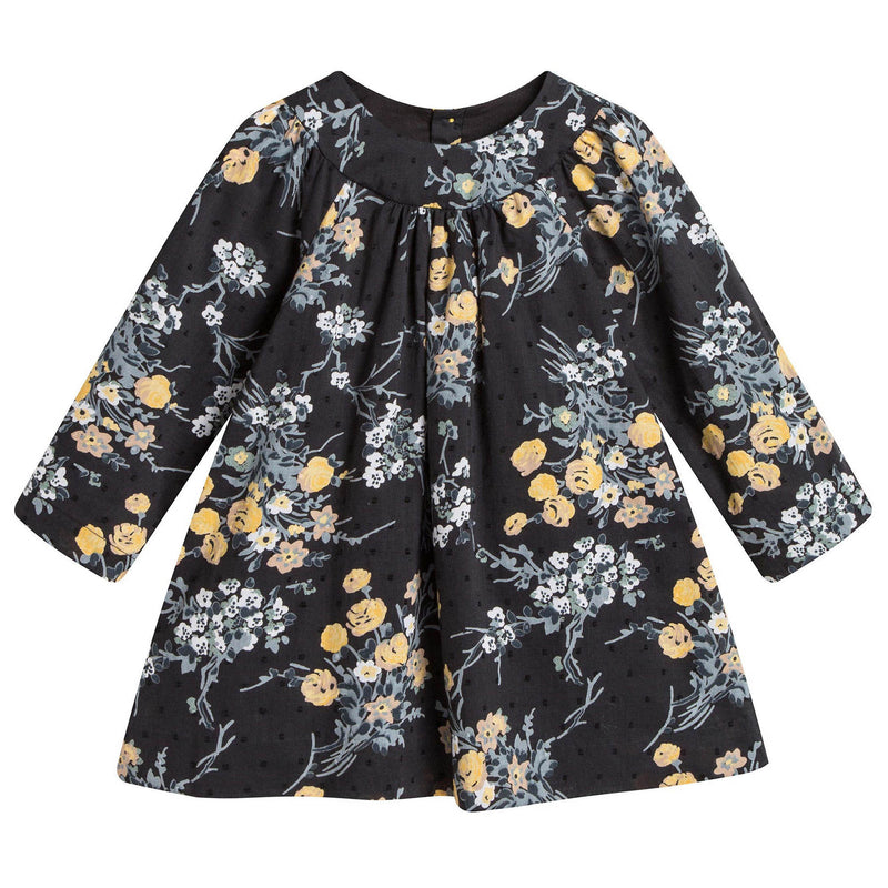 Baby Girls Black Cotton Dress With Gold Flower Print Trims - CÉMAROSE | Children's Fashion Store - 1
