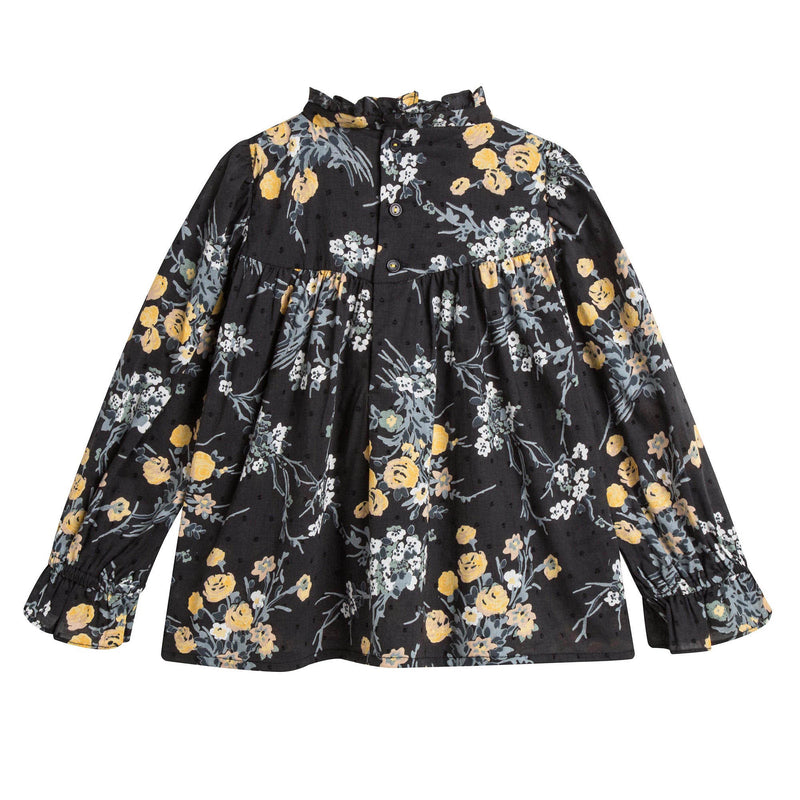 Girls Black Cotton Blouse With Gold Flower Print Trims - CÉMAROSE | Children's Fashion Store - 2