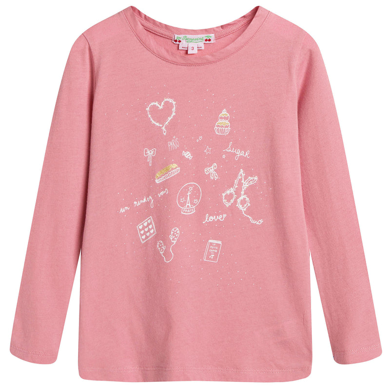 Girls Dusky Pink Cotton Fancy Printed Trims T-Shirt - CÉMAROSE | Children's Fashion Store - 1
