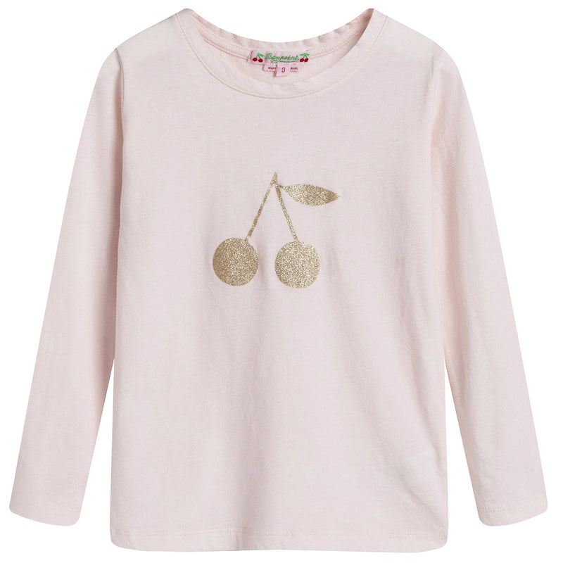 Girls Pale Pink Cotton Gold Cherry Trims T-Shirt - CÉMAROSE | Children's Fashion Store - 1