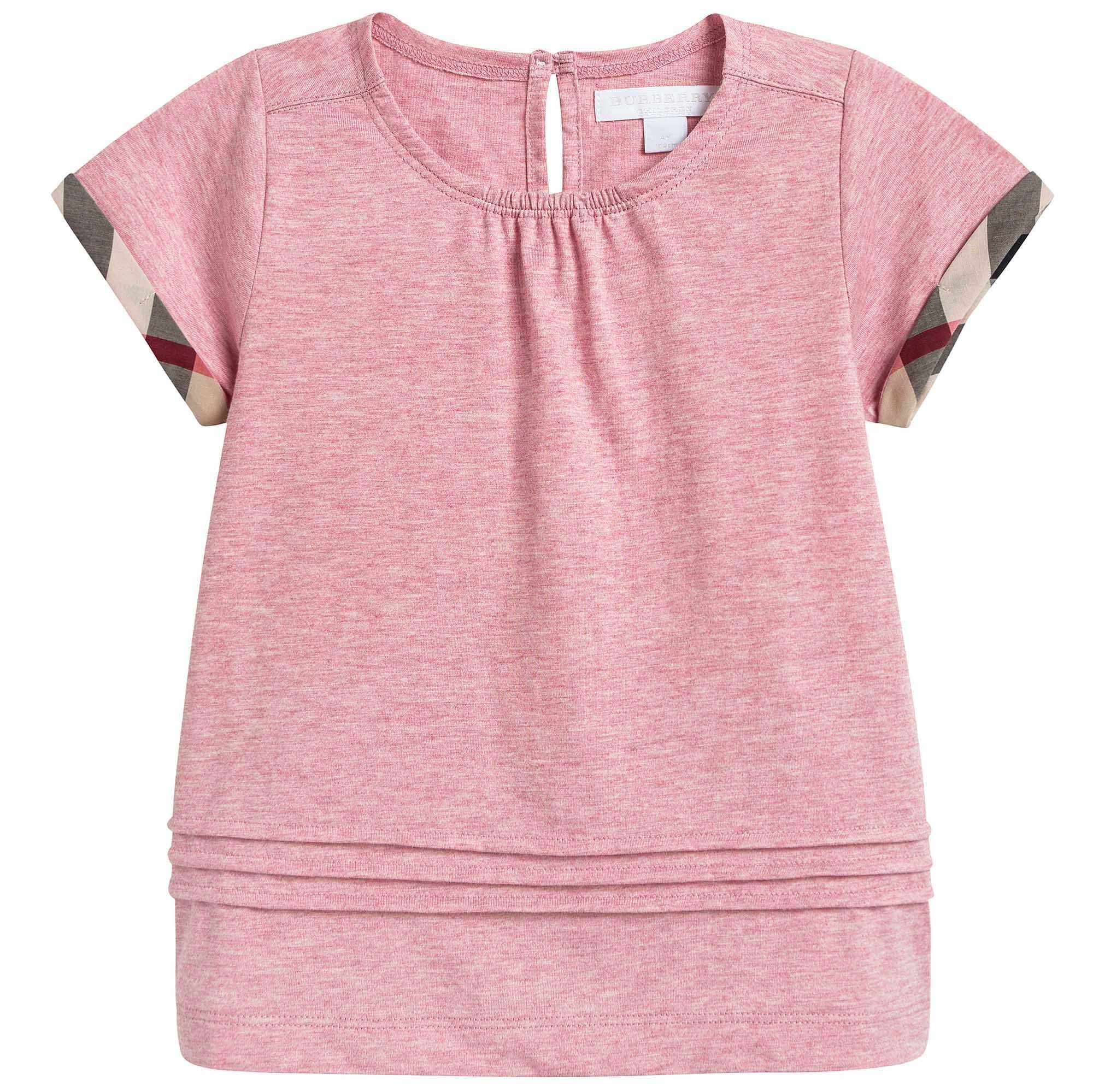 Girls Pink T-Shirt with Check Trim