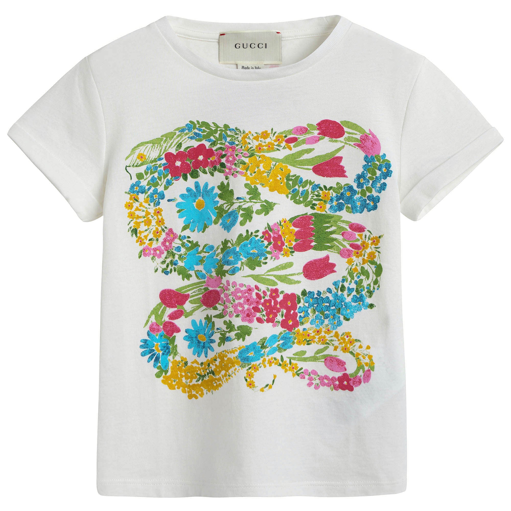 Girls White Flowers Printed T-shirt