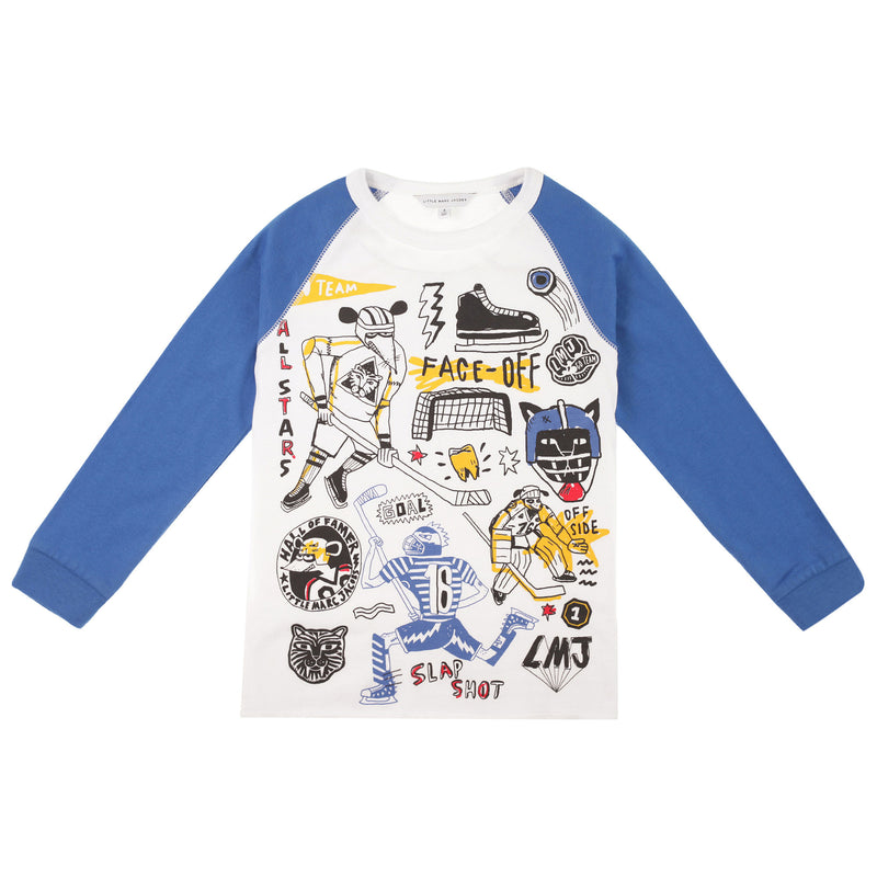 Boys White Cotton T-Shirt With Blue Cuffs - CÉMAROSE | Children's Fashion Store - 1