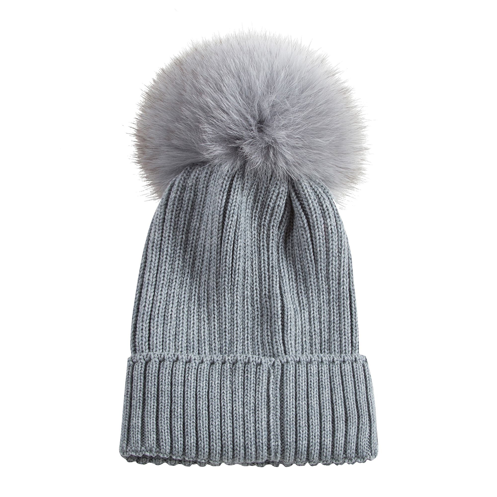 Boys & Girls Grey Knitted Hat With Fur Pom-Pom Trim