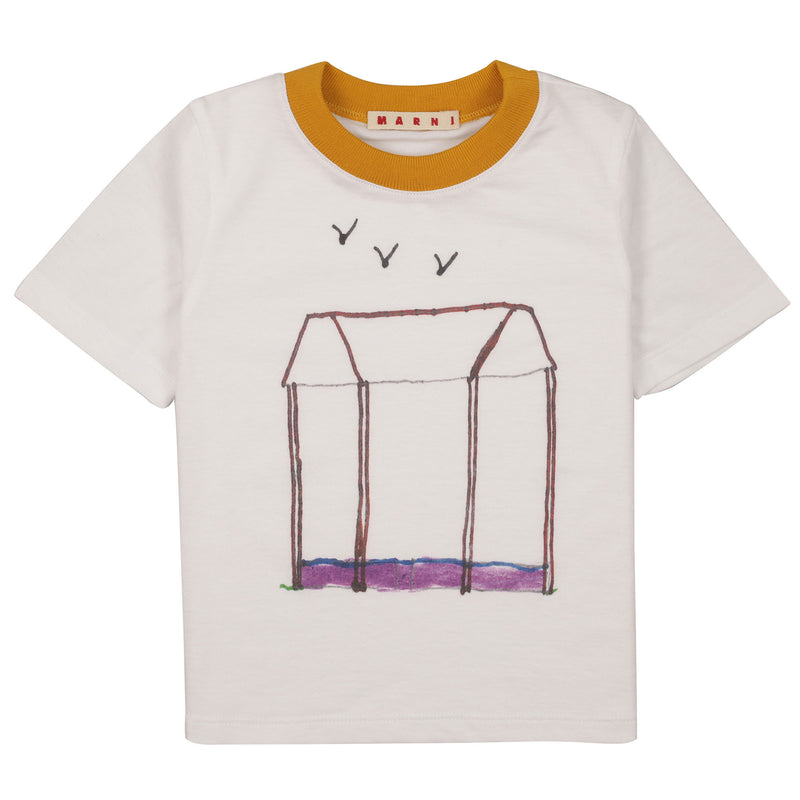 Girls White Hand-painted House Printed Trims Cotton T-Shirt - CÉMAROSE | Children's Fashion Store - 1