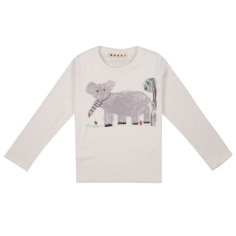 Girls White Hand-painted Elephants Printed Trims Cotton T-Shirt - CÉMAROSE | Children's Fashion Store - 1