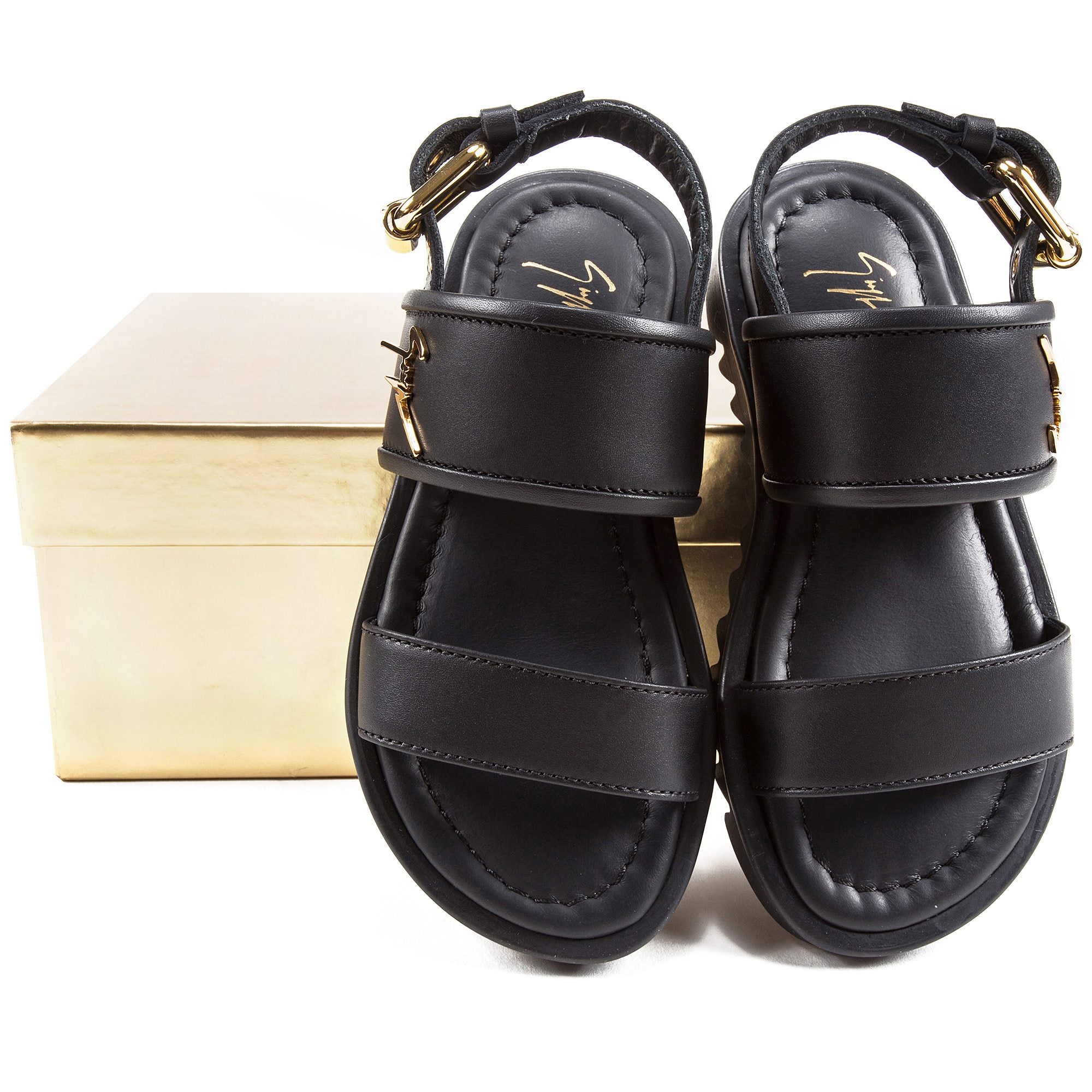 Girls & Boys Black Calf Leather Sandal