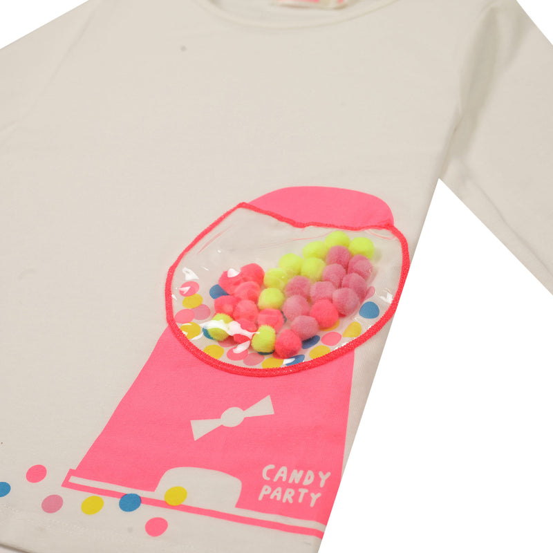 Girls White Cotton T-Shirt With Pink Fancy Print Trims - CÉMAROSE | Children's Fashion Store - 3