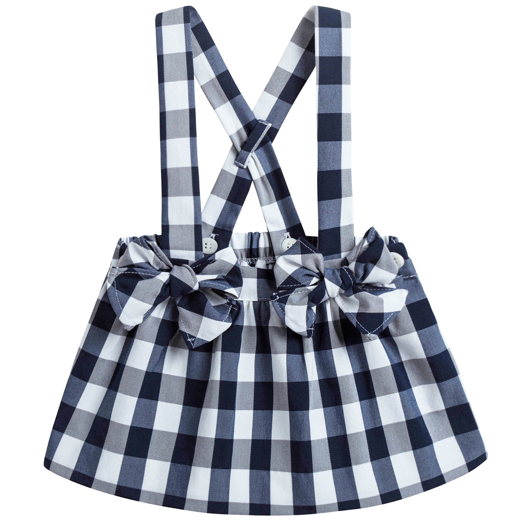 Baby Girls Dark Blue Check Dungarees With Bow