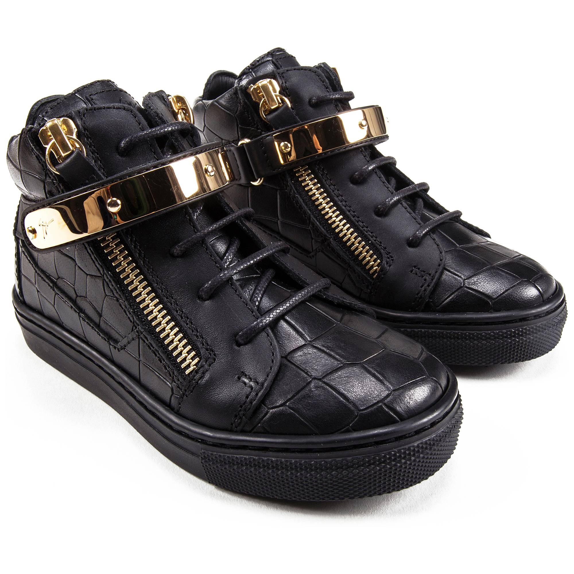 Girls & Boys Black Printed Calf Leather Sneaker