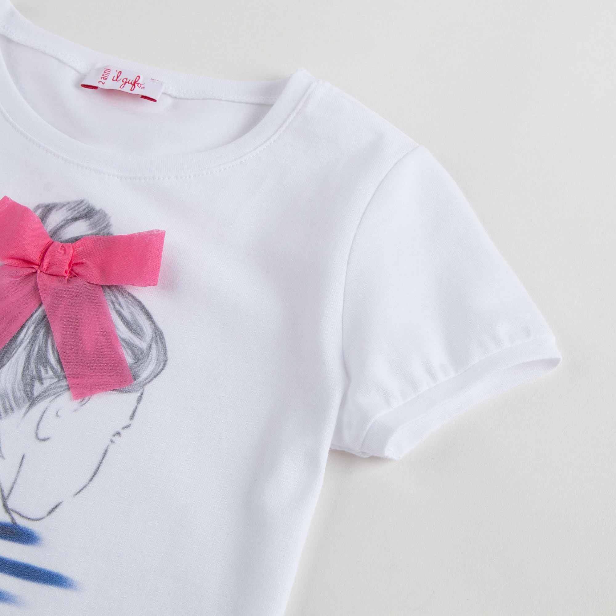 Girls White Cotton Jersey T-Shirt With Dark Pink Bow - CÉMAROSE | Children's Fashion Store - 5