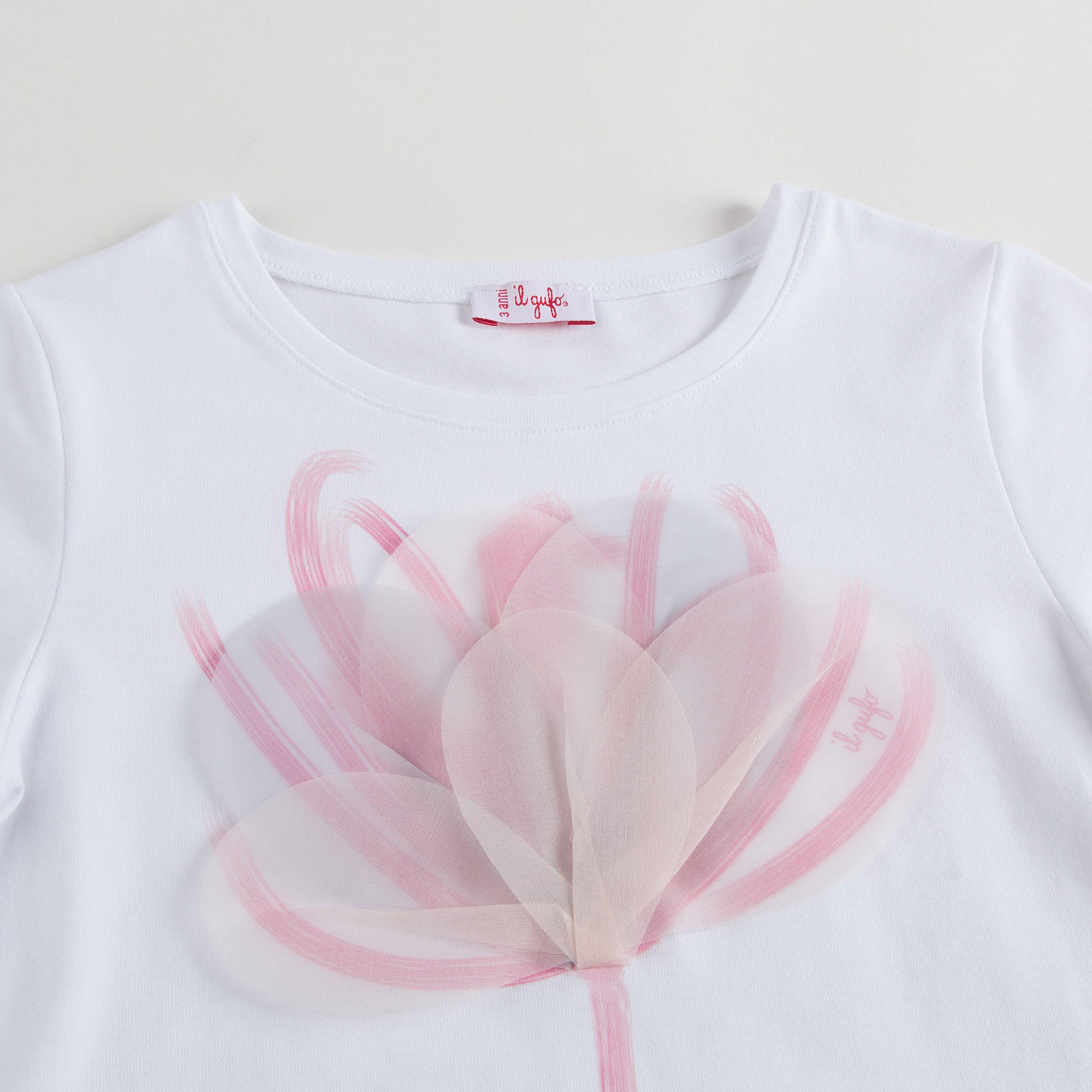 Girs White Cotton T-Shirt With Pink Flower applique - CÉMAROSE | Children's Fashion Store - 3