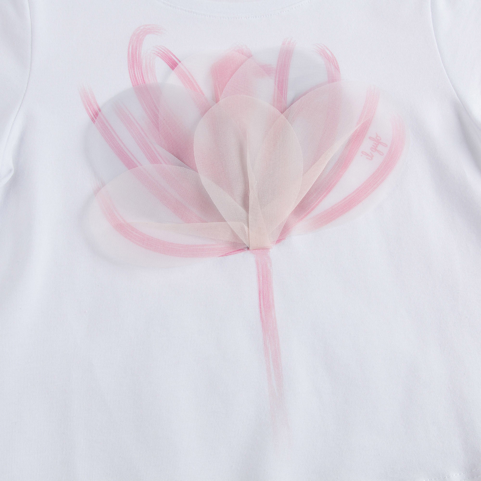 Girs White Cotton T-Shirt With Pink Flower applique - CÉMAROSE | Children's Fashion Store - 4