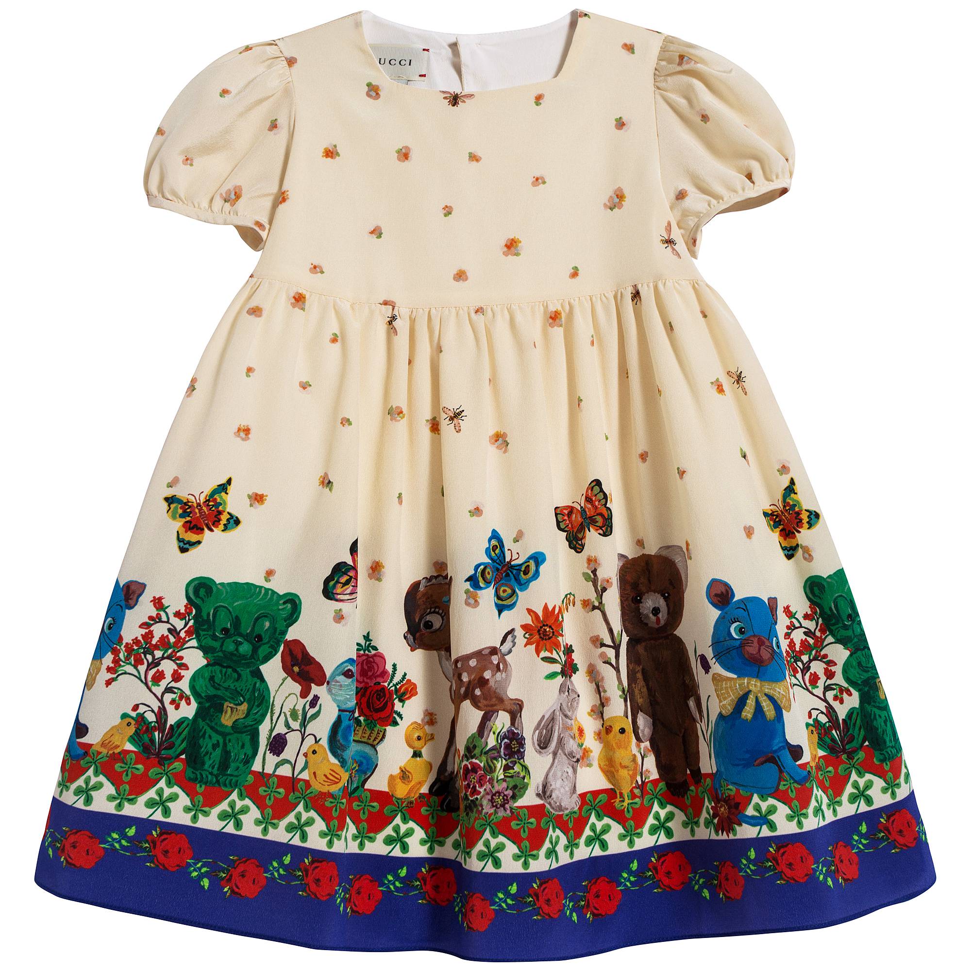 Baby Girls Beige Printed Silk Dress