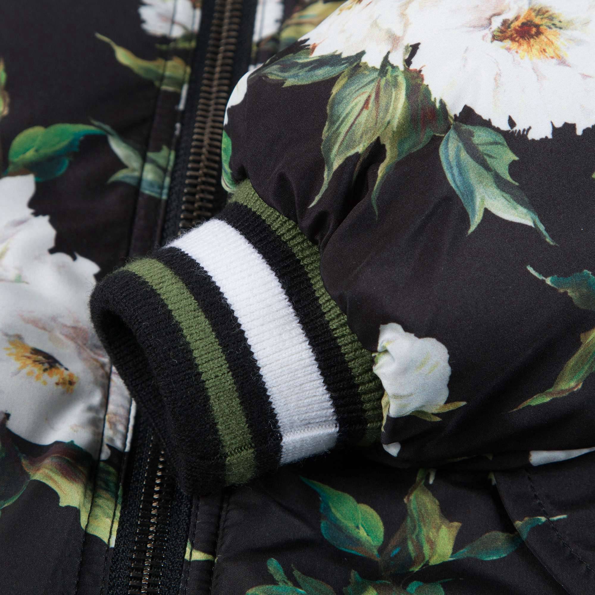 Girls Black  Rose Print Down Filled Coat