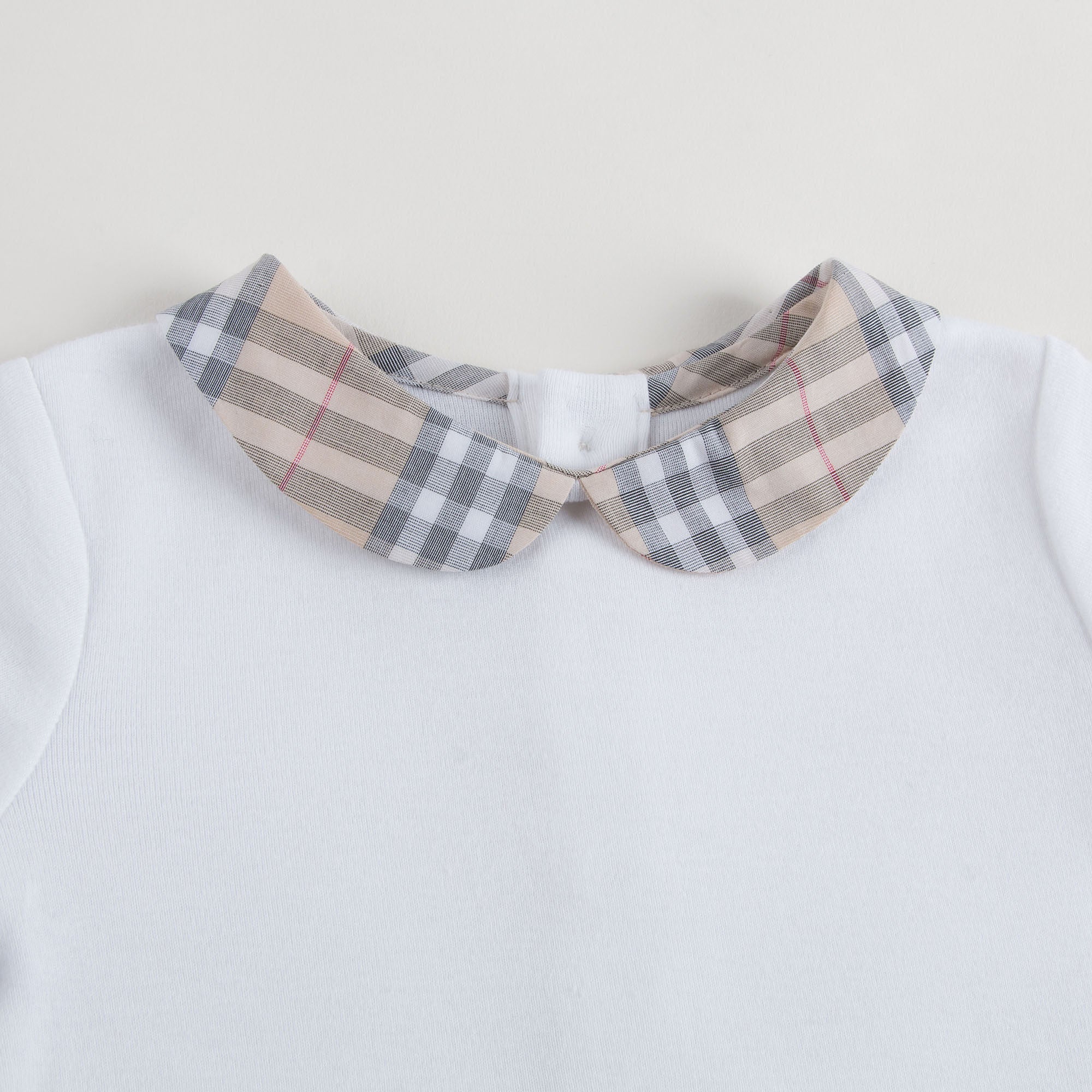 Baby White Cotton Babysuit With Check Collar