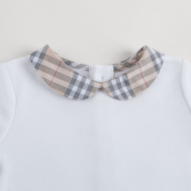 Baby White Cotton Babysuit With Check Collar