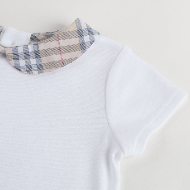 Baby White Cotton Babysuit With Check Collar