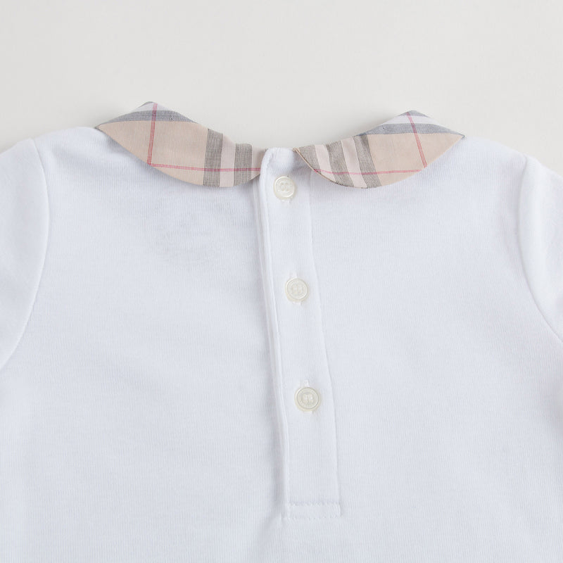 Baby White Cotton Babysuit With Check Collar
