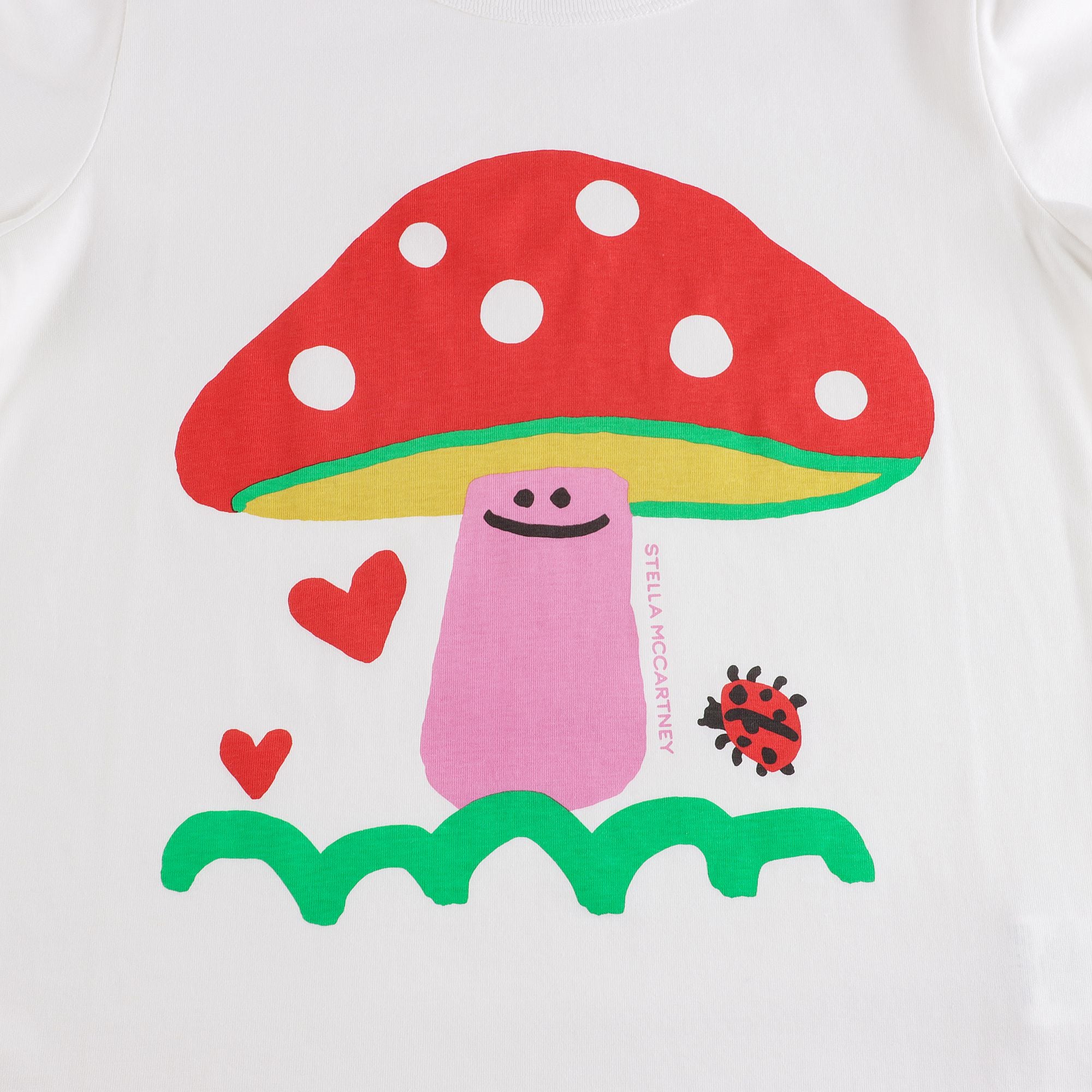 Girls White Mushroom Printed Cotton T-Shirt
