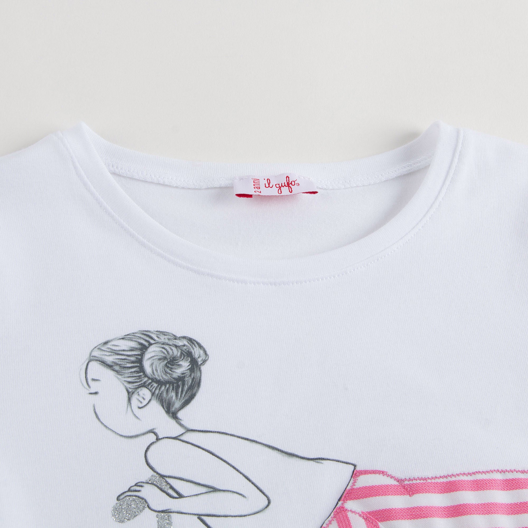 Girls White With Pink stripe Cotton Jersey T-Shirt - CÉMAROSE | Children's Fashion Store - 3