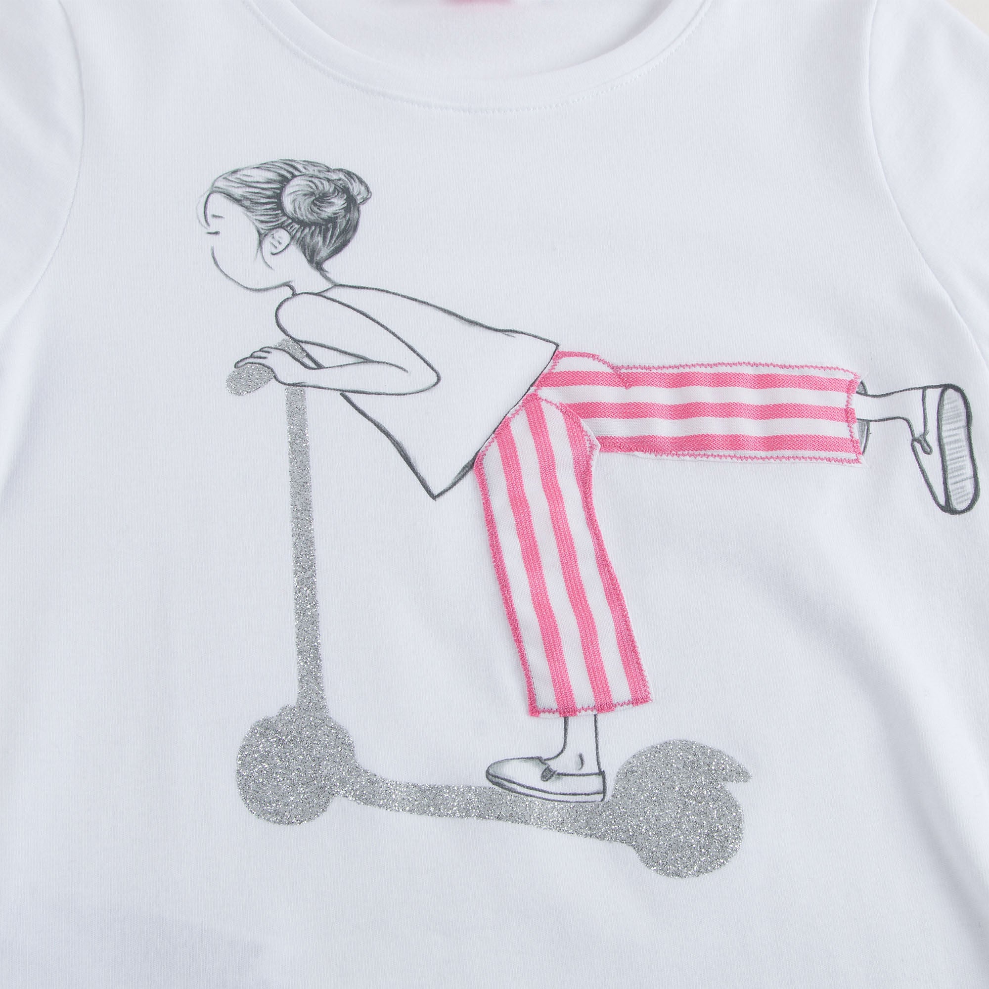 Girls White With Pink stripe Cotton Jersey T-Shirt - CÉMAROSE | Children's Fashion Store - 5