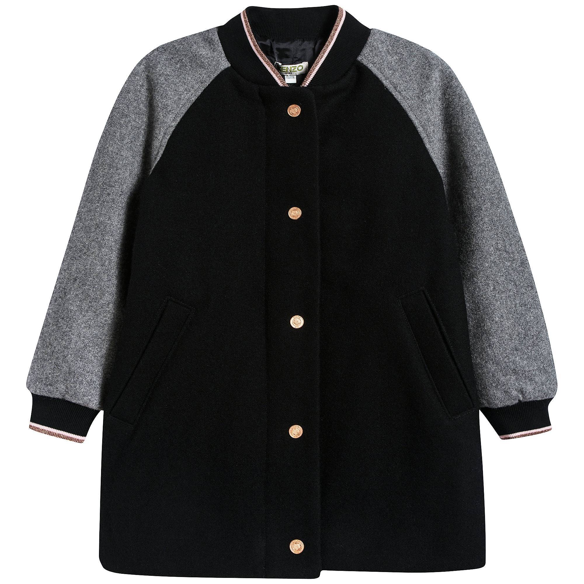 Girls Black & Grey Wool Coat
