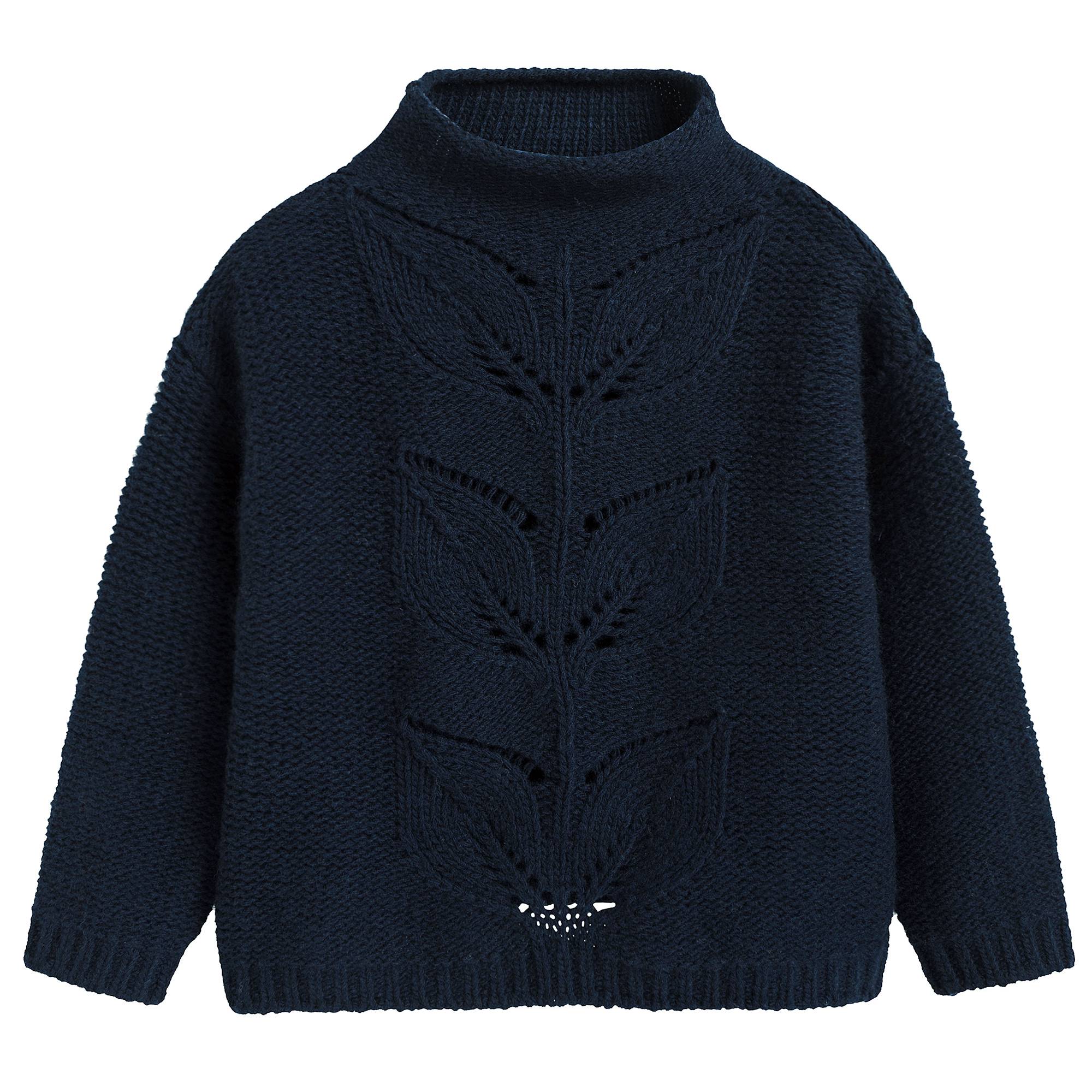 Girls Navy Blue Wool Sweater Leaves Hollow