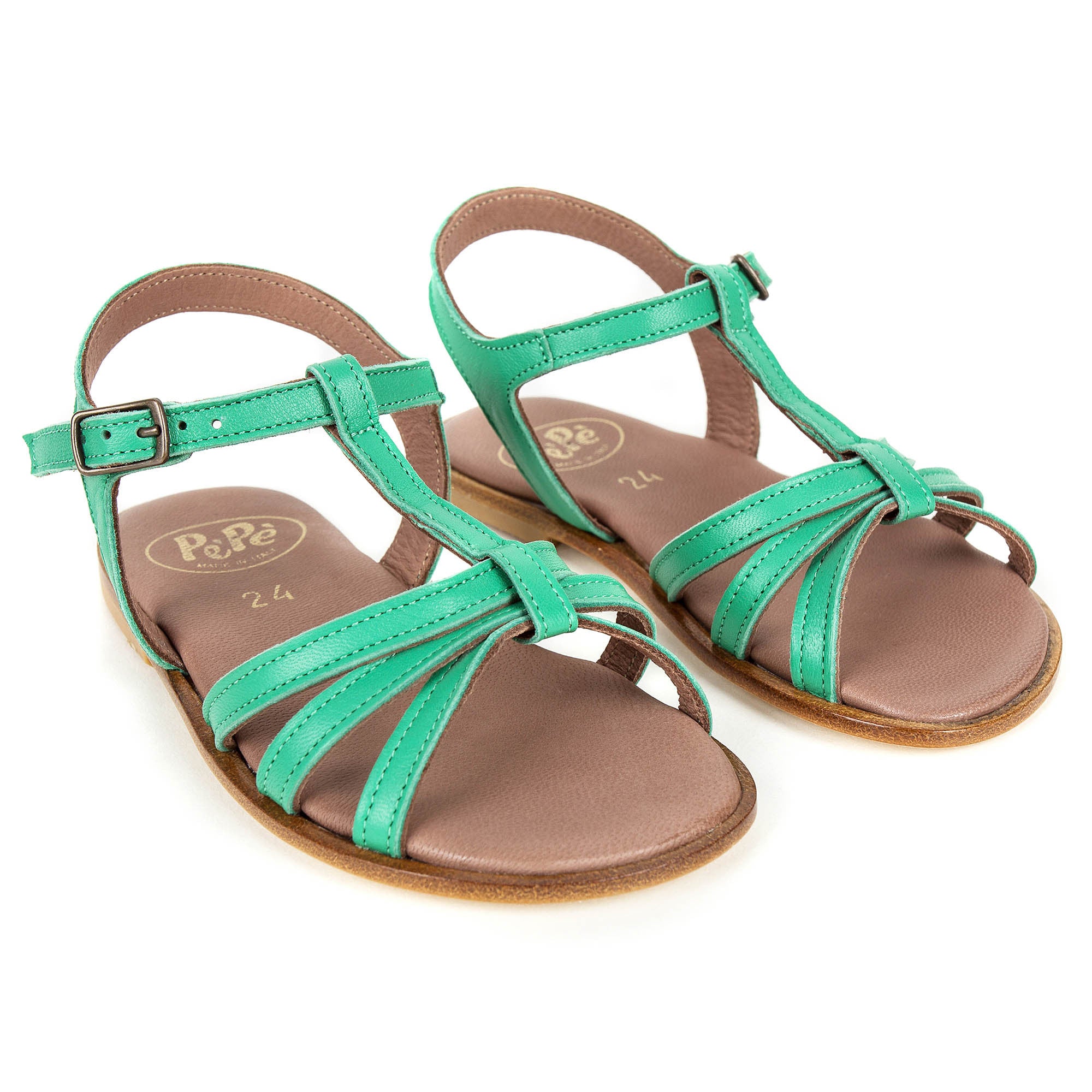 Girls Green Cowskin Leather Sandals