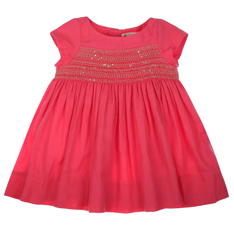 Girls Candy Pink Wool Dress With Gold Embroidered Trims - CÉMAROSE | Children's Fashion Store - 1