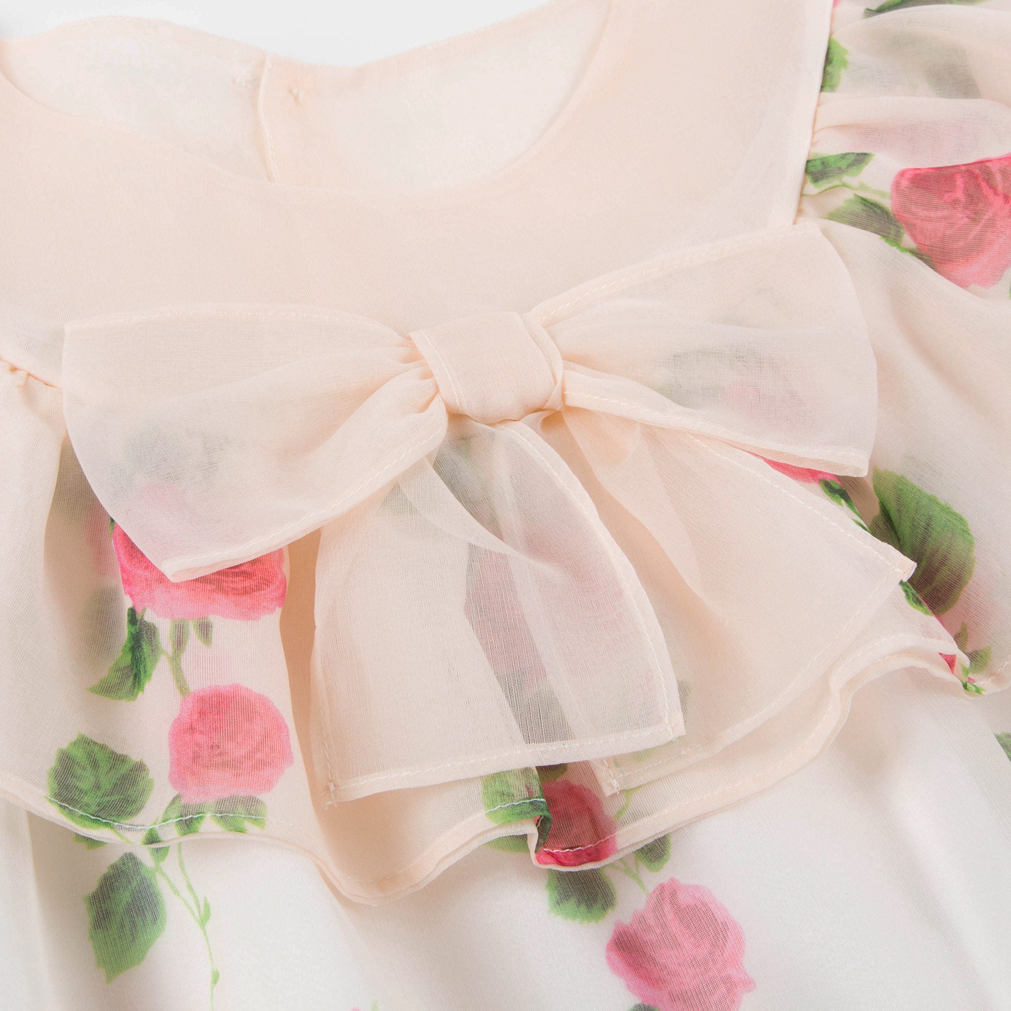 Girls Ivory & Pink Printed Silk Dress