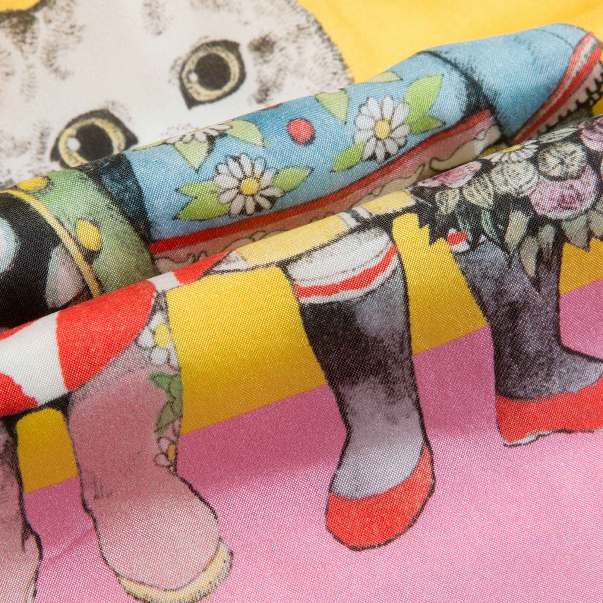 Girls Yellow & Blue Silk Cat Print Dress