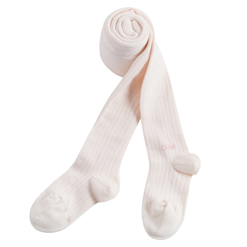 Girls Pale Pink Ribbed Logo Tights