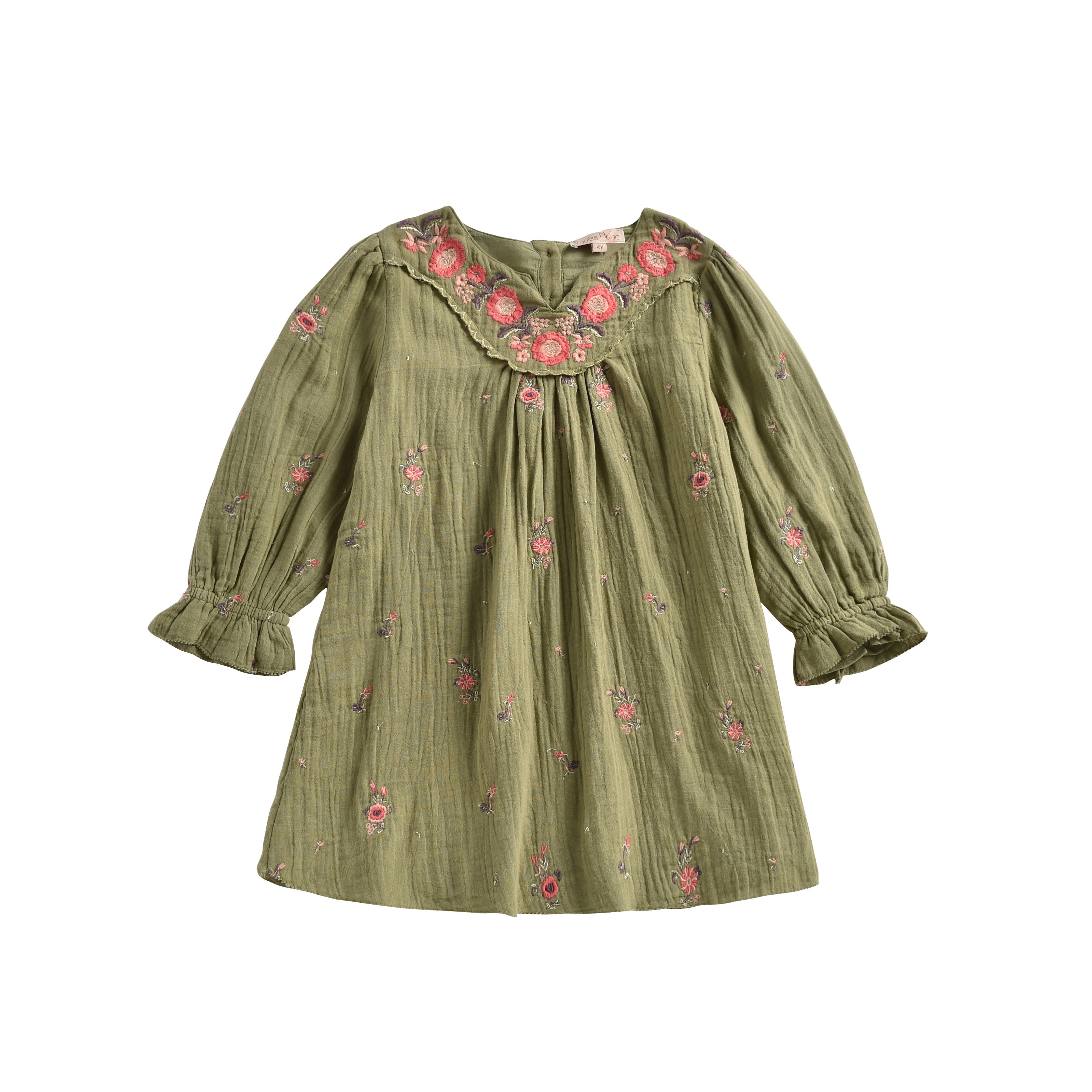 Girls Khaki Flowers Organic Cotton Dress